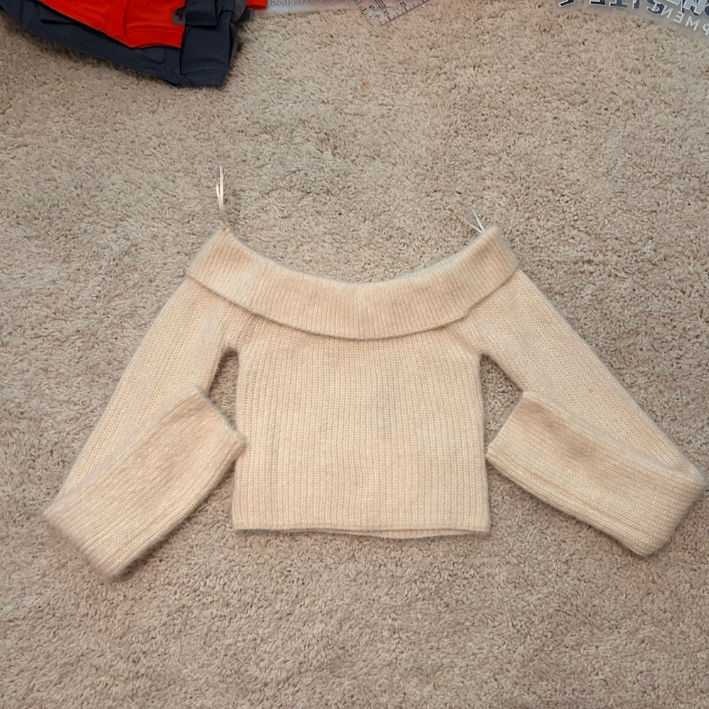 Cream Off-the-Shoulder Cropped Sweater